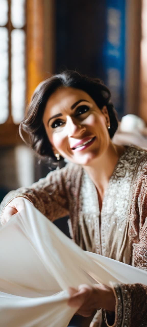 Hands examining silk